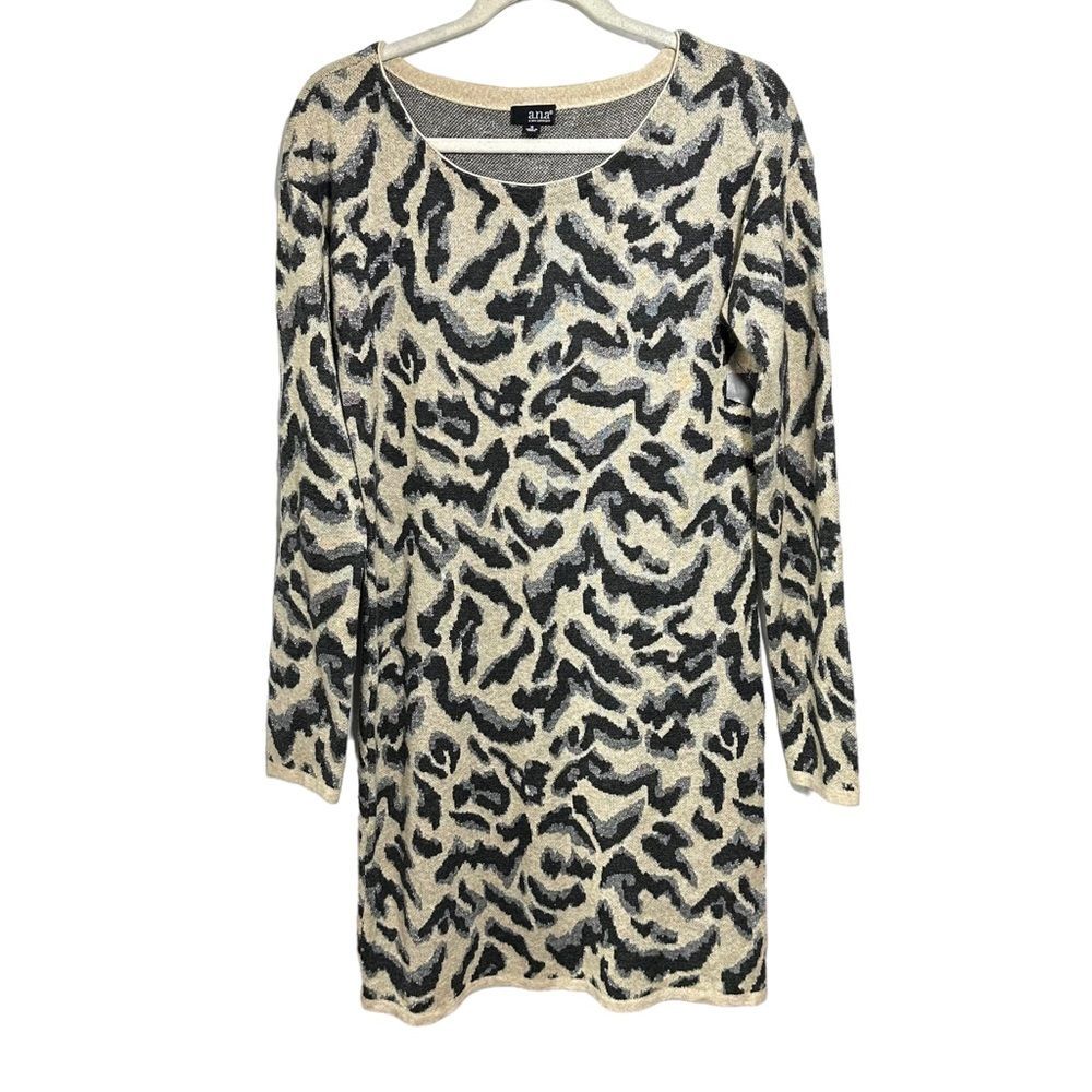 A.N.A. Womens Sz M Leopard Print Glitter Knit Sheath Dress Brown Beige Silver